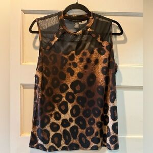 Adele & May Leopard Print Sleeveless Blouse Sheer Mesh Yoke Size Large